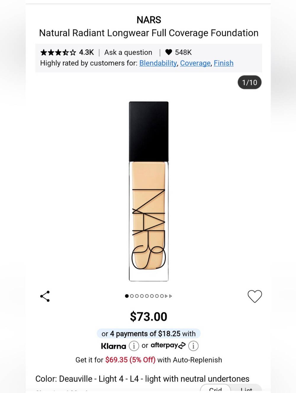 NARS Natural Radiant Longwear Foundation - shade Dauville